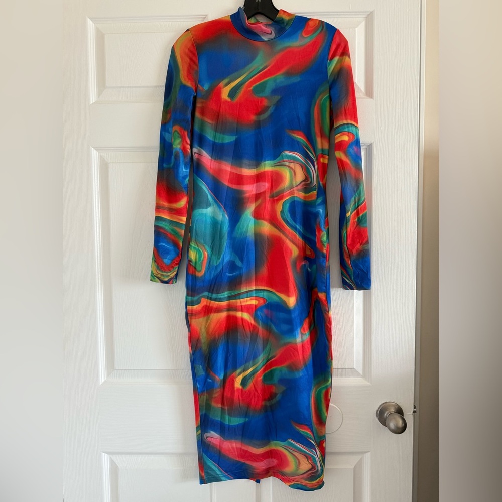 SHEIN Blue and Orange Long Sleeve Bodycon Dress